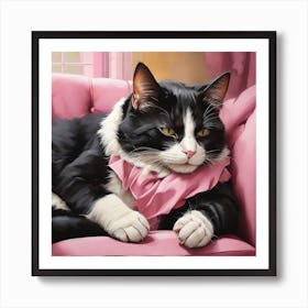 Cat Nap Tuxedo Cat Napping In Pink Interior Art Print 2 Art Print