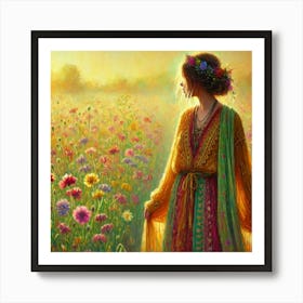 Woman In A Flower Field 1 Art Print