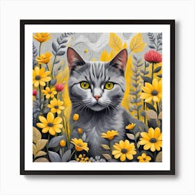 Cat In Flowers 1 Art Print