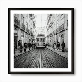 Black And White Photo Lisbons Vintage Tramway Weaving Through Narrow Historic City Streets Tram D 2 1 Art Print