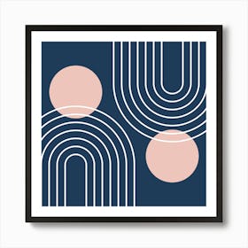 Mid Century Modern Geometric In Navy Blue And Pastel Pink (Rainbow And Sun Abstract) 02 Art Print