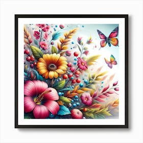 Colorful Flowers And Butterflies 1 Art Print