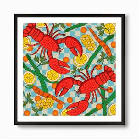 LOBSTER DINNER Red Crustacean Coastal Beach Shellfish Seafood on Checkerboard Food Kitchen Art Print