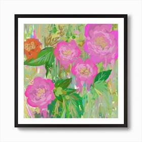 Pink abstract peonies flowers green leaves  Art Print