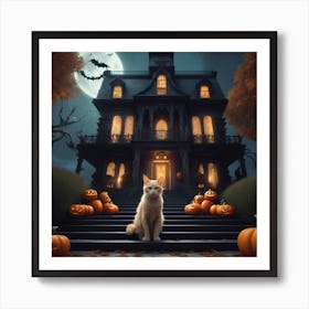 Halloween House With Cat And Pumpkins Art Print