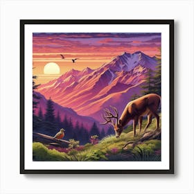 Deer and Bird At Sunset Art Print