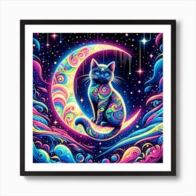 Psychedelic Cat On The Moon Art Print