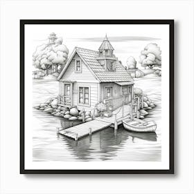 House On The Lake,A black and white drawing of a house on a dock Art Print