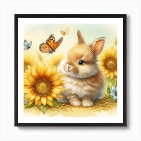 Bunny With Butterflies In Sunflowers Art Print