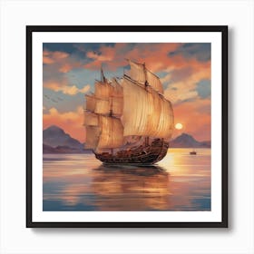 An Intricately Designed And Visually Stunning Illustration Of A Traditional Chinese Junk Boat Sailin (2) Art Print