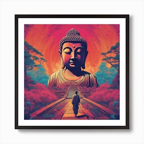 Lord Buddha Is Walking Down A Long Path, In The Style Of Bold And Colorful Graphic Design, David , R (5) Art Print