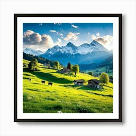 Alpine Pastoral Landscape Cows Grazing On Lush Green Slopes Snow Capped Mountains In The Distance (1) Art Print