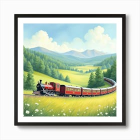 Elegant Train Passing Through A Picturesque Watercolor Meadow 1 Art Print