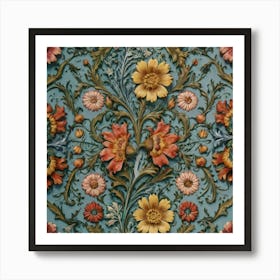 Floral Pattern On A Blue Tile Art Print