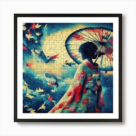 Abstract Puzzle Art Japanese girl with umbrella 2 Art Print