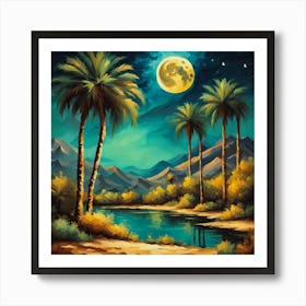 Lunar Oasis: Palms and Reflections in Moonlit Serenity. Art Print