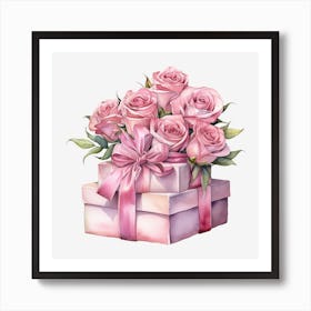 Pink Roses In A Gift Box 5 Art Print