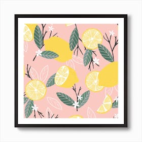 Lemon Pattern On Pink With Flowers And Branches Square Art Print