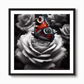 Butterfly On Roses 1 Art Print