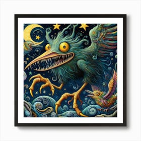 Enchanting Wonderland: Jabberwock's Menace and Whimsical Folk Art - A Van Gogh-Inspired Digital Painting with a Dream-like Twist! Art Print