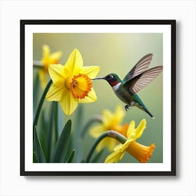 Hummingbird Near Daffodils 1 Art Print