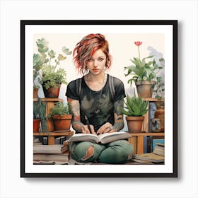 Girl Reading A Book With Plants Watercolour Art Print