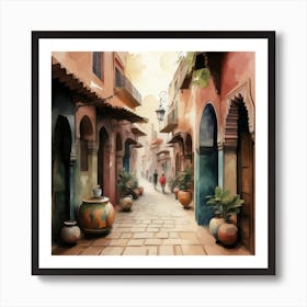 Street In Morocco, Marrakech Watercolor City Art Print