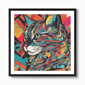 An Image Of A Cat With Letters On A Black Background, In The Style Of Bold Lines, Vivid Colors, Grap (13) Art Print