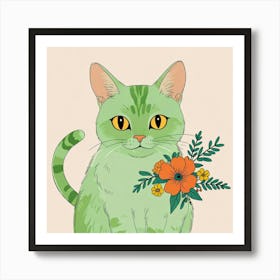 Green Cat With Flowers Art Print