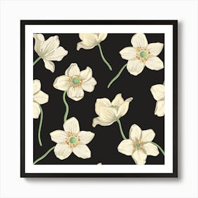 White Flowers On Black Background Art Print