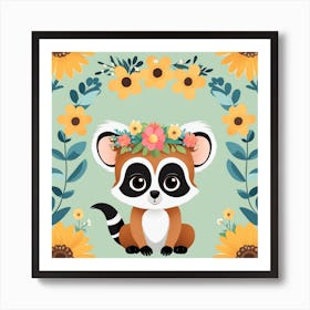 Floral Baby Lemur Nursery Illustration (25) Art Print