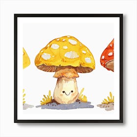 Watercolor Mushrooms Cartoon Kids Art Print