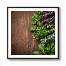 Fresh Herbs On A Wooden Table Art Print