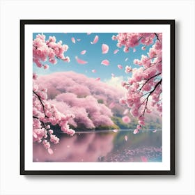 Pink Cherry Blossoms in A Peaceful Lake Art Print