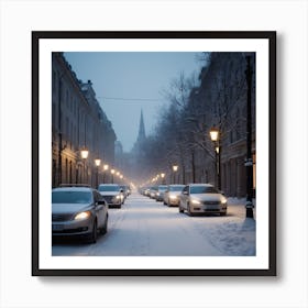 A Dimly Lit Snowy Street Lined With Parked Cars Has Buildings In The Background, Streetlights Providing Safety Amid The Peaceful White Surroundings 2 Art Print
