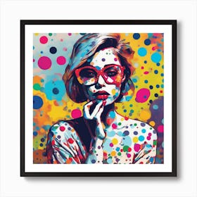 Pop Art Woman with Glasses Big Colorful Dots Art Print