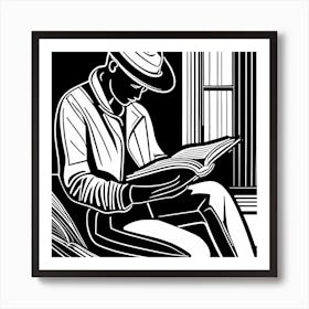 Reading A Book Linocut Black And White Painting, 316 Art Print