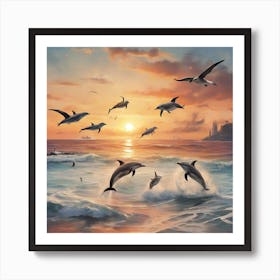 Sunset and Dolphins Art Print
