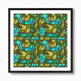 Floral Duo Cutouts Olive Blue On Green Art Print