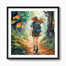 Watercolor Autumn Hike in Forest Landscape Art Print