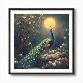 Peacock In The Moonlight 6 Art Print