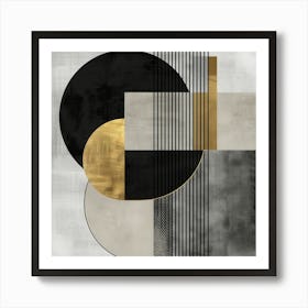 Abstract Geometry - Circles and squares in black, grey and gold Art Print