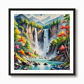 Water Colored Painting Water Color Spray Landscape Mountain Waterfall Birds Fly Vibrant Color Illust 1851560310 Art Print