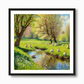 Rabbits By The Stream Art Print