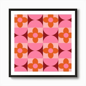 Mid Century Orange Flowers and Pink Half Circles Art Print
