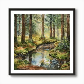 Peaceful Forest Watercolor Collection Painting | Trees and Stream Idyllic Nostalgic Living Americana Art Print