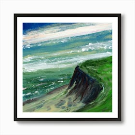 Cliff - landscape green blue teal sky sea hand painted square seascape Anton Maliar Art Print