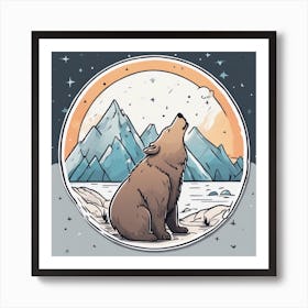 Sticker Art Design, Bear Howling To A Full Moon, Kawaii Illustration, White Background, Flat Colors, 1 Art Print