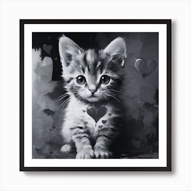 Black and White Kitten With Heart Art Print