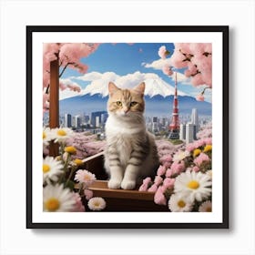 Cat In Cherry Blossoms 1 Art Print